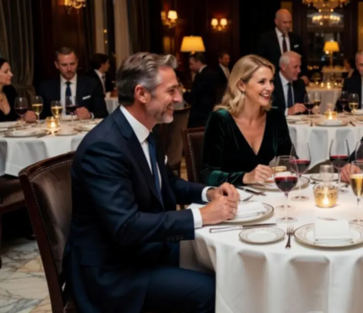 Clientes sorridentes a brindar num jantar sofisticado.