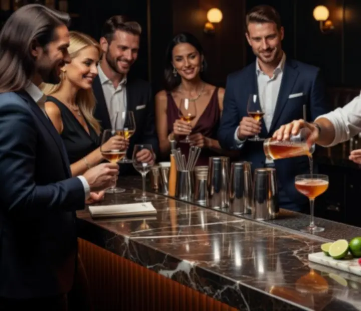 Mixologista a preparar cocktail de assinatura em masterclass intimista.