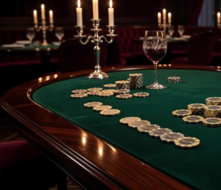 Mesa de poker elegante com iluminação suave num salão reservado de restaurante de luxo.