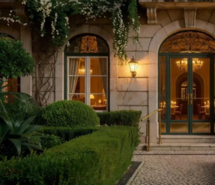Entrada do restaurante à noite com candeeiros quentes e ambiente sofisticado.