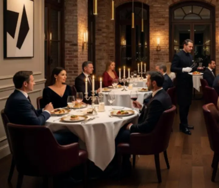 Ambiente elegante de evento exclusivo no restaurante Adegae Cartas, com mesas decoradas e iluminação intimista.