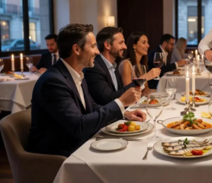 Mesa de degustação luxuosa com pratos de autor e serviço de vinho na Adegae Cartas.