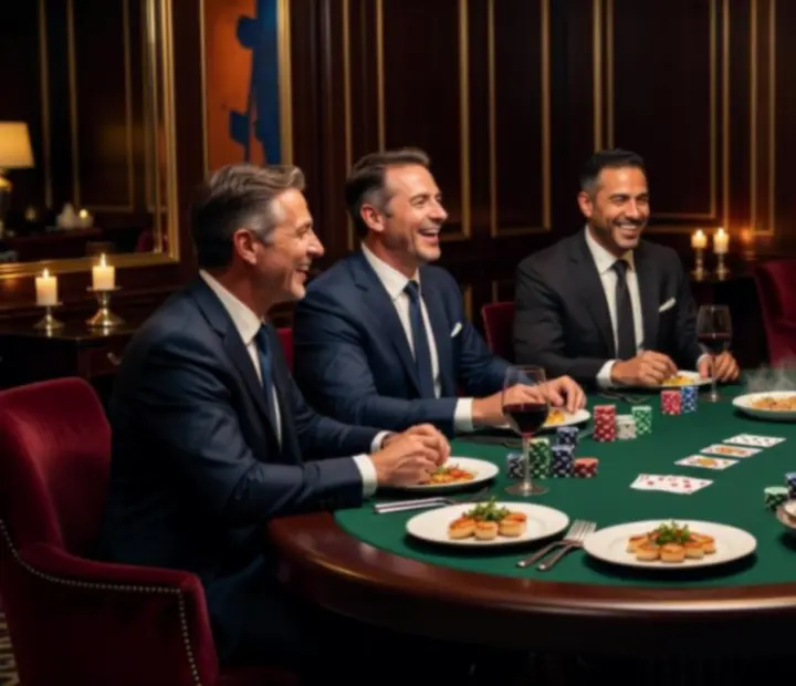 Convidados a jantar num restaurante elegante com mesa de poker recreativa ao fundo.