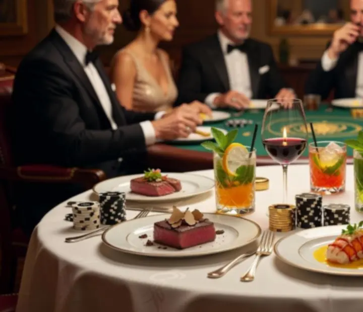 Mesa de restaurante com pratos gourmet, copos de vinho e um baralho de cartas, sugerindo noite de poker gastronómica.