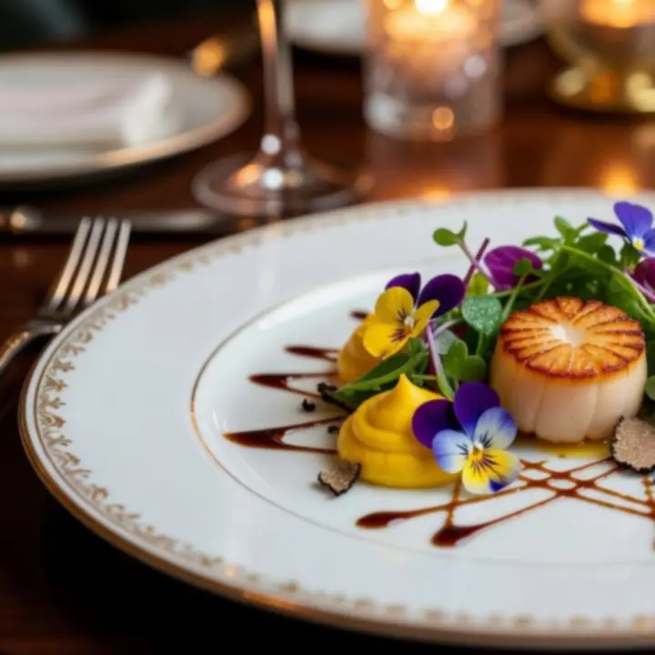 Pratos de gastronomia contemporânea com apresentação artística num restaurante de luxo.