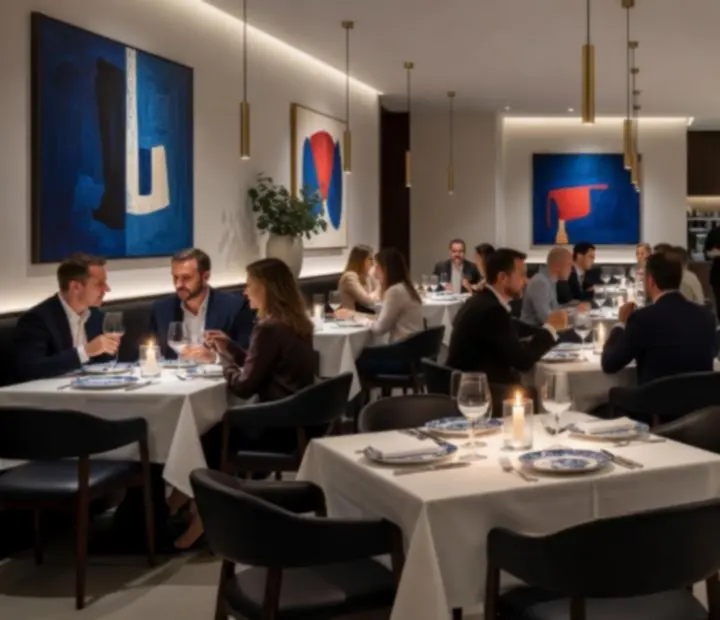Sala de jantar elegante com mesas postas, velas e detalhes modernos.