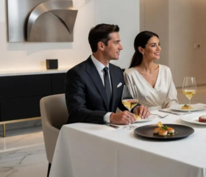 Jantar de degustação inspirado em cozinha Michelin com empratamentos elegantes e copos de vinho.