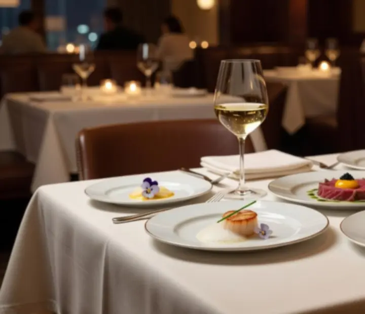 Mesa de degustação gourmet com pratos contemporâneos portugueses elegantemente apresentados.