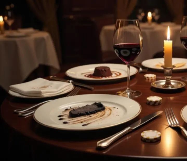 Mesa após serviço num restaurante de luxo, com copos de vinho e ambiente intimista.
