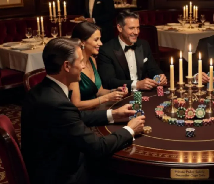 Mesa de poker social com fichas decorativas e convidados elegantes a brindar.
