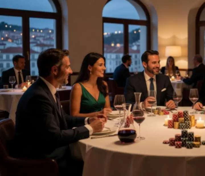Ambiente elegante de uma noite de poker offline num restaurante de luxo em Portugal.
