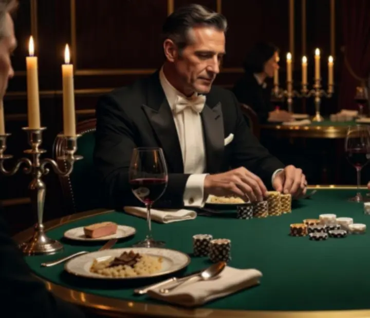 Mesa de poker elegante com fichas decorativas e ambiente sofisticado no Adegae Cartas.