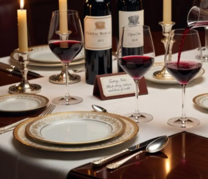 Vinho tinto a ser servido em copo sobre mesa elegante de restaurante.
