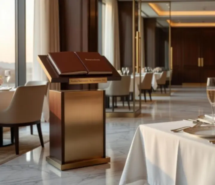 Mesa preparada num restaurante de luxo com luz de velas e ambiente elegante.
