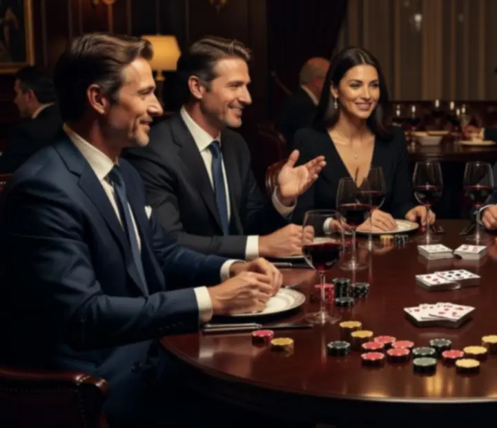 Mesa de poker elegante com cartas e fichas decorativas num ambiente sofisticado.