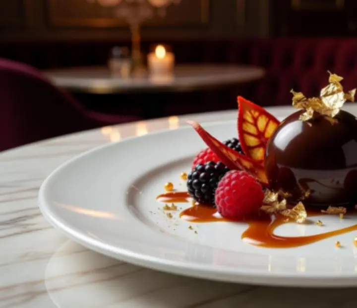 Sobremesa de autor com apresentação artística num prato de restaurante de luxo.