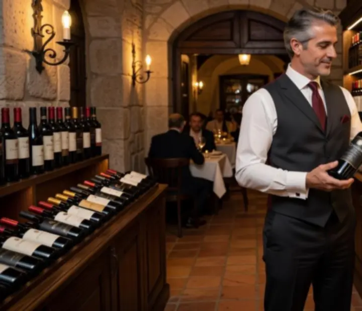 Sommelier em adega sofisticada a selecionar garrafas de vinho para o serviço de sala.