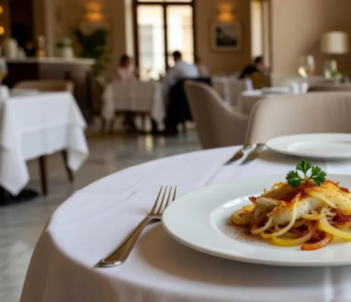 Copo de vinho ao lado de prato gastronómico cuidadosamente empratado, em mesa com luz acolhedora.